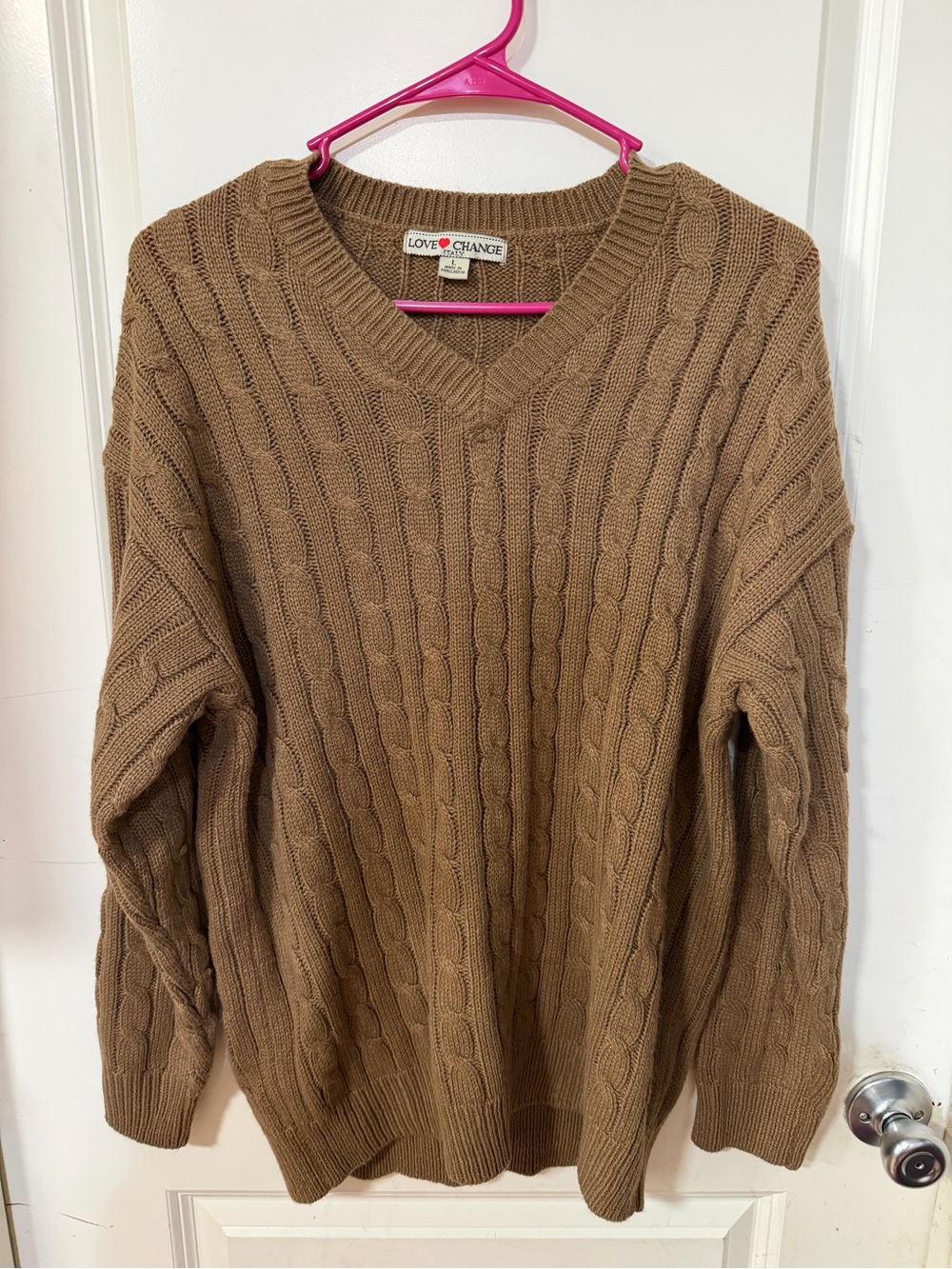Love + Change Women's Brown Cable Knit V-Neck Sweater